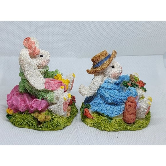 2 Easter Bunny Multicolored Porcelain Rabbit Home Decor Shelf Sitter - Picture 9 of 16